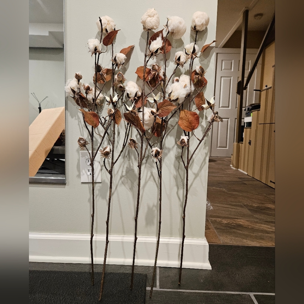 Farmhouse Cotton Arrangement Rustic Long Stems Set of 5 Cotton Branches 35"